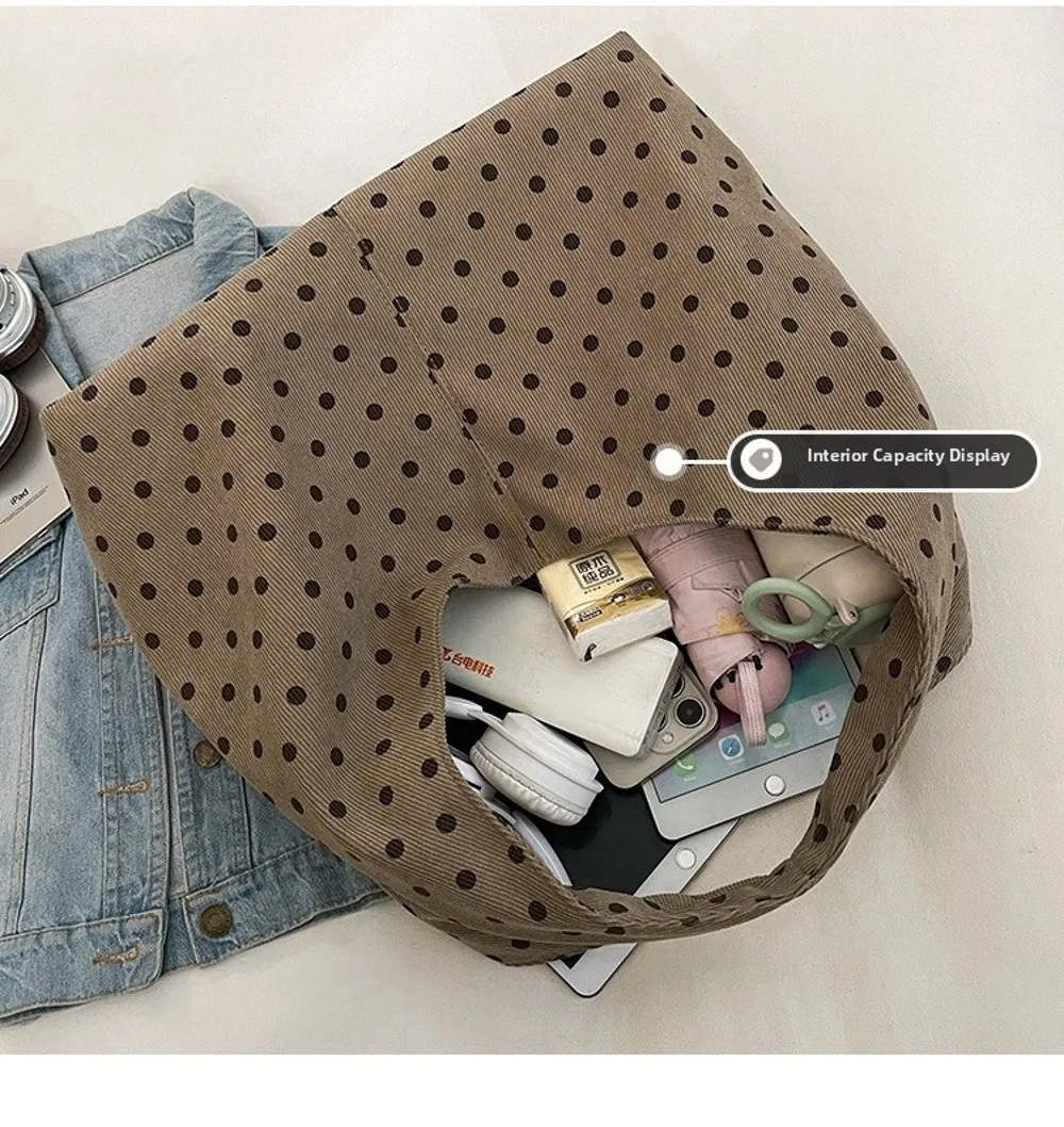 Neue Damenhandtasche mit Polka-Dot-Muster, lässige Umhängetasche aus Cord, große Tragetasche für den täglichen Pendelverkehr – Detail 6