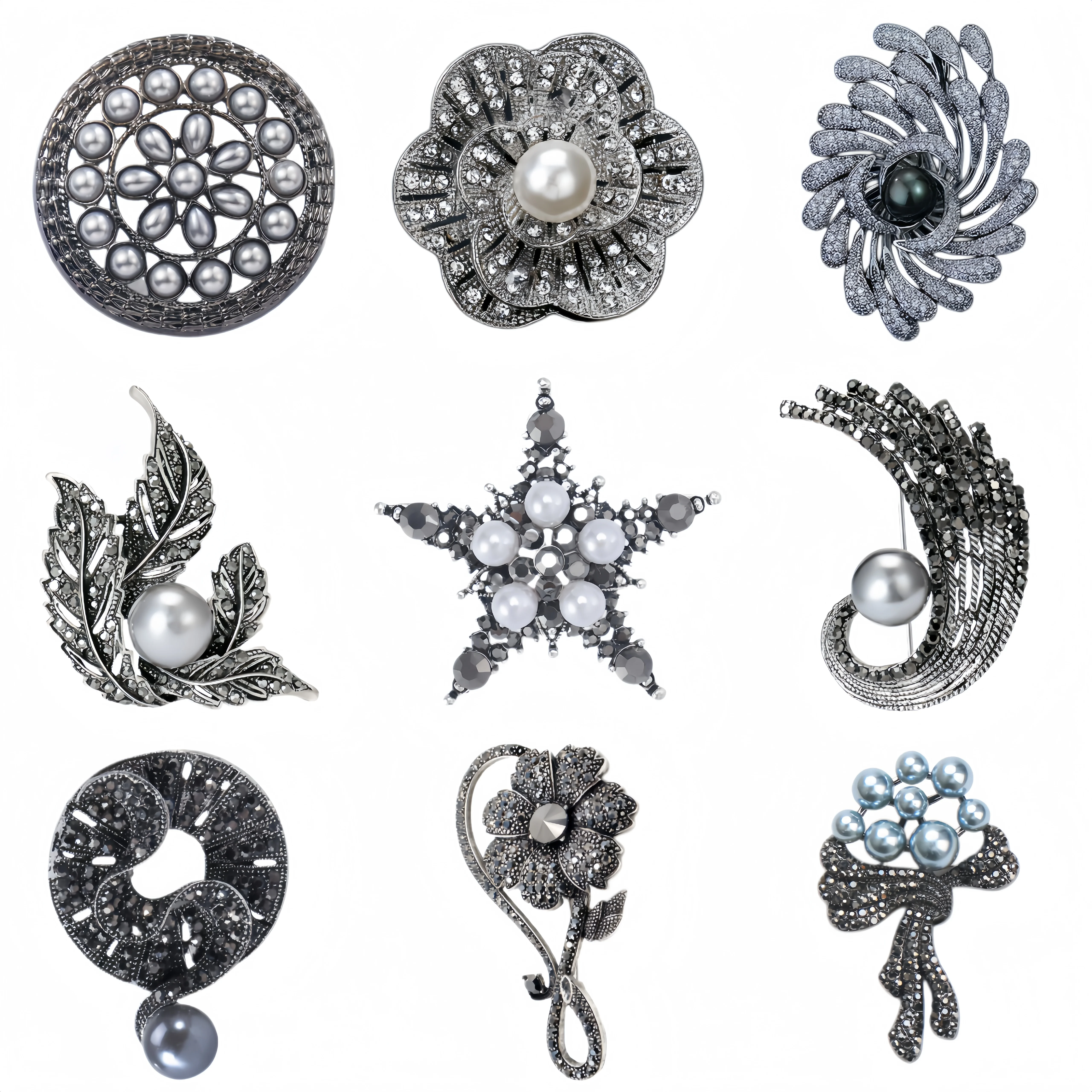 Essh&Pule Vintage Black Gunmetal Brooch  Pearl Rhinestone Floral Leaf Star Lapel Pin Women Evening Suit Coat Jewelry Gift