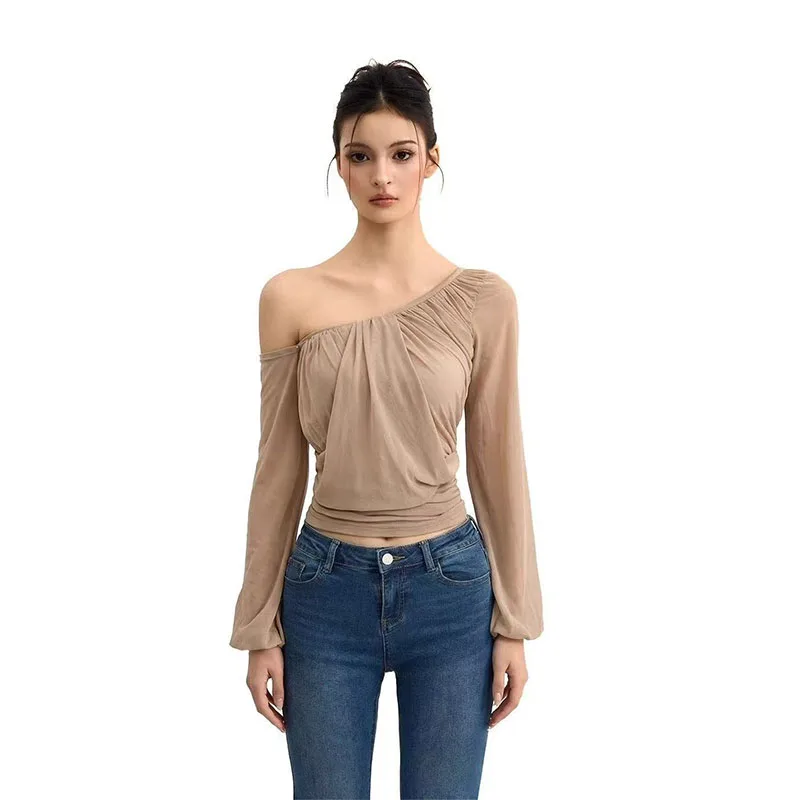 American Mesh Irregular Skew Collar Blouses Off Shoulder Long Sleeved Shirt Women Ruched Slim Waist Blusas Mujer De Moda