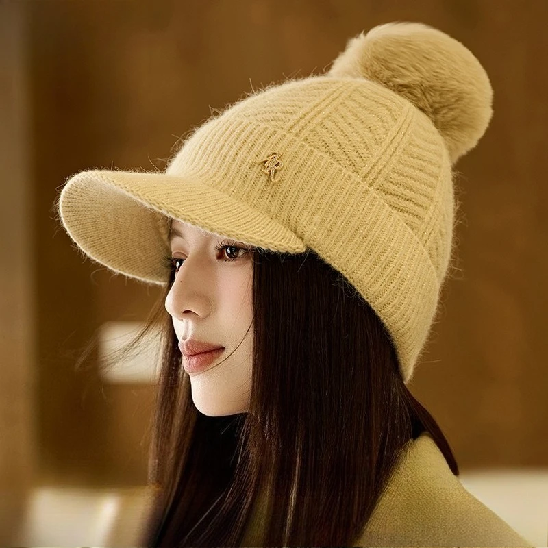 Winter New High-quality Rabbit Fur Baseball Hat Light Luxury Women's Thickened Ear Protectors Hairball Knitted Cap Korea