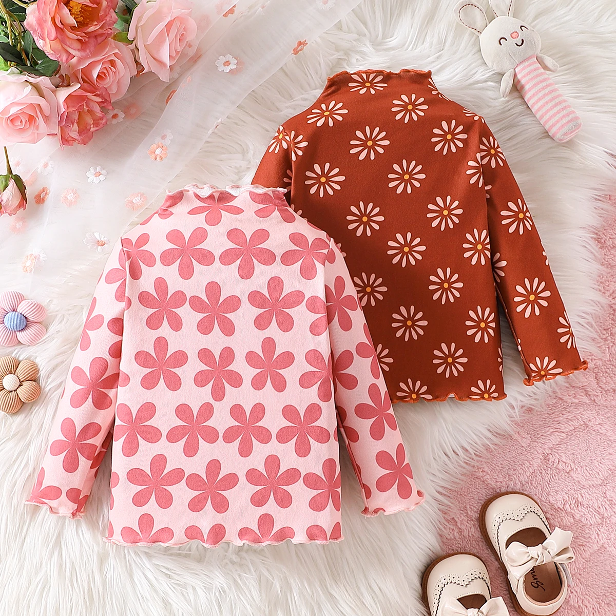 Long-sleeved undershirt with a floral pattern and a scalloped neckline for baby girls, 2-piece set for autumn and winter.