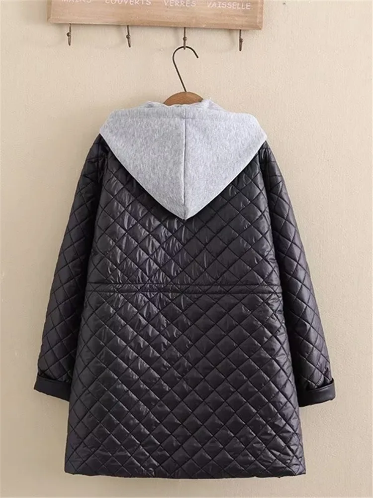 Plus Size Women\'s Clothing Autumn And Winter Jackets Hooded Long Sleeves Diamond Plaid Quilting Interlayer And Cotton Thickening