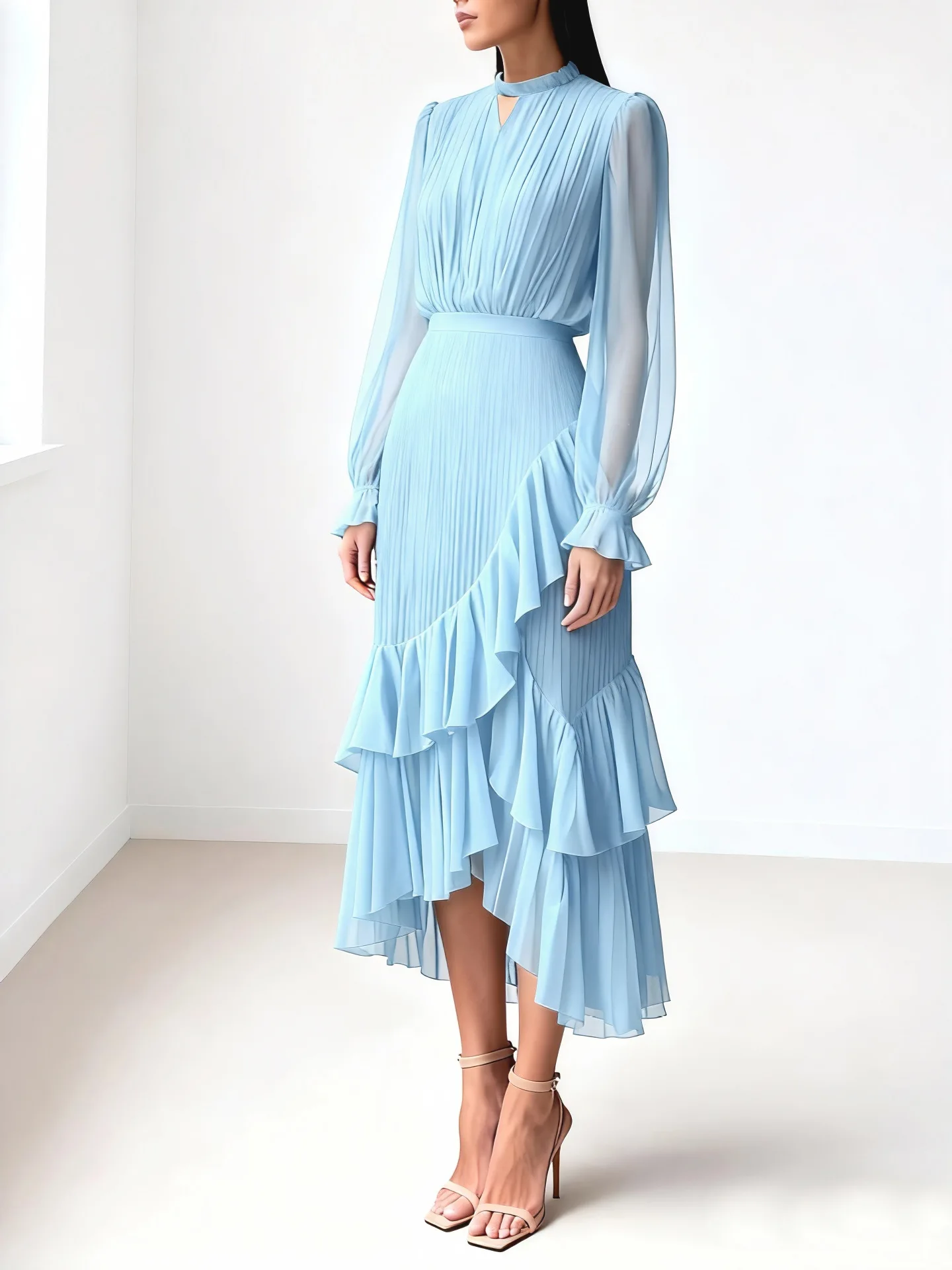 LGRQ 2026 Summer New Solid Color High Waist Dress With Ruffled Hem And Pleats Mid-Length Party Evening Gown