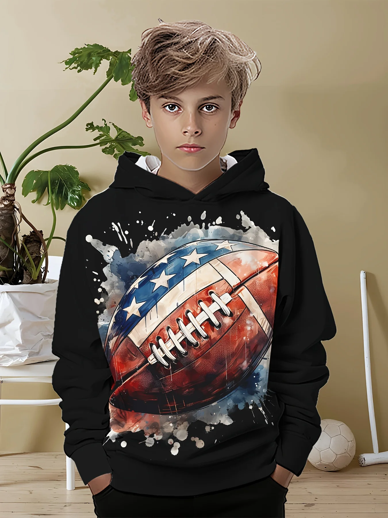 

Boy's American Football Theme Printed Sweatshirt Casual Spring Autumn Knitted Hoodie Suitable for Both Men and Women Long Sleeve