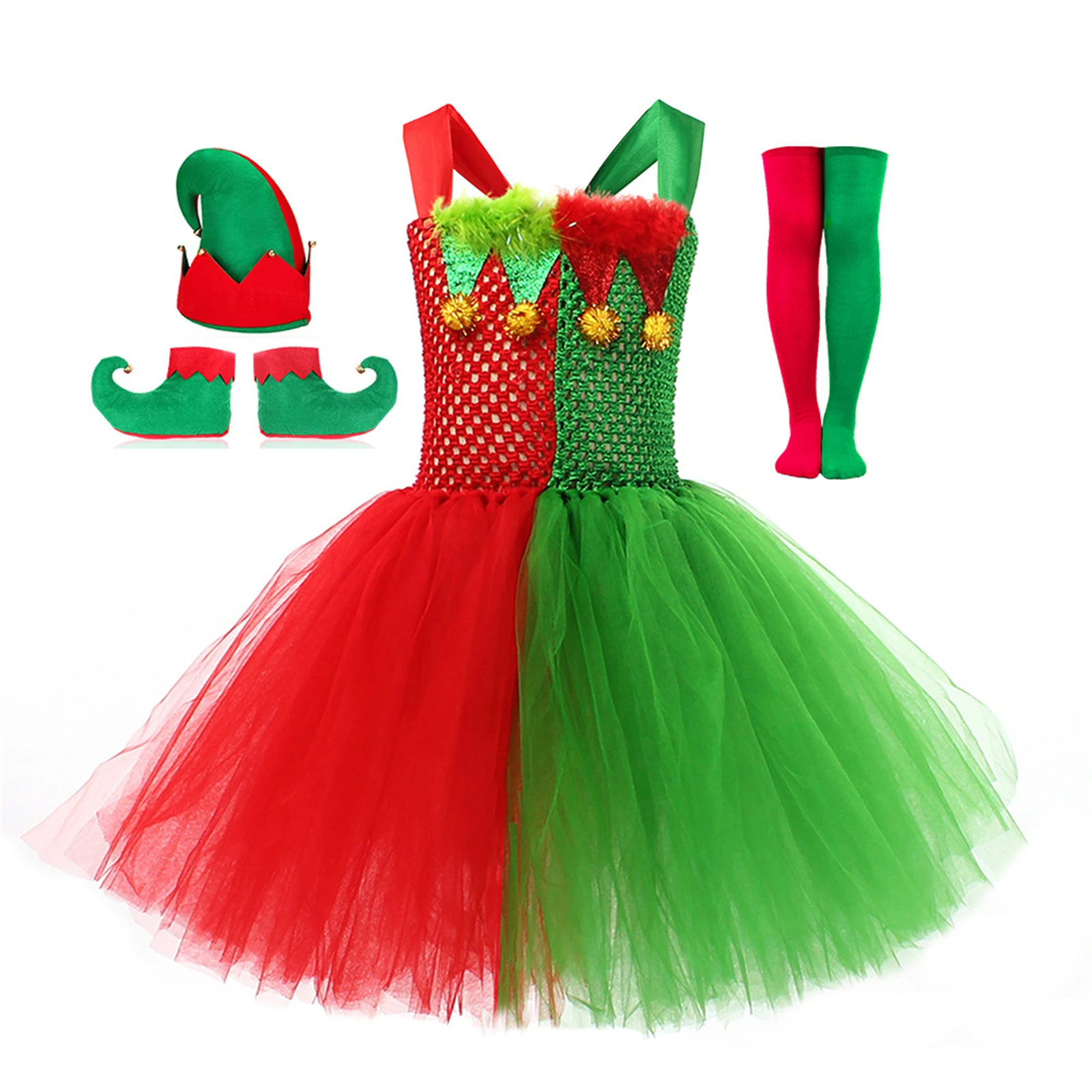

Child Girl'S Christmas Elf Fluffy Skirt With Hat Socks Red Santa Claus Holiday Tutu Dress Stockings Stage Performance Costume