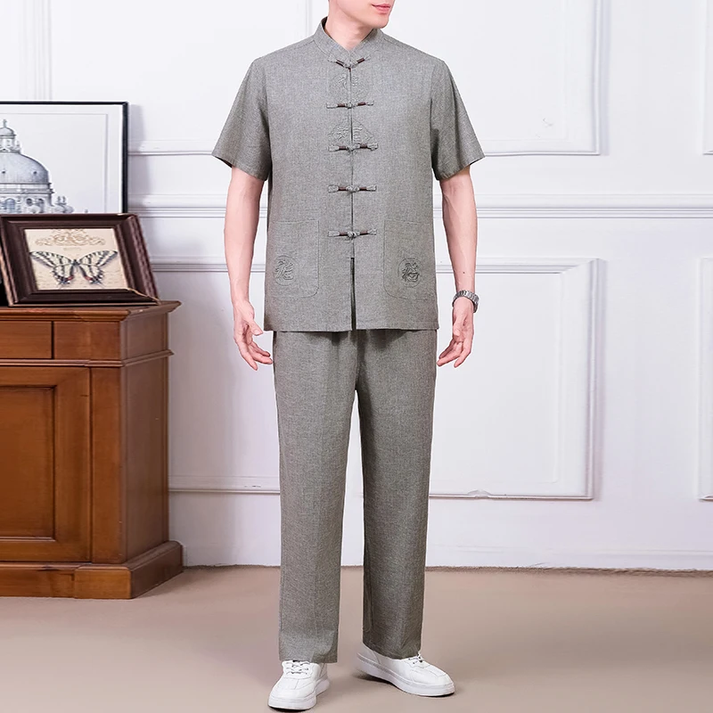 

Casual Cotton Linen Two-Piece Set Short Sleeve T-Shirt And Pants for Middle-Aged Men Summer Fashion Wear Comfortable Breathable