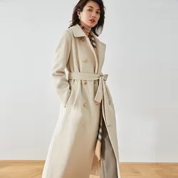 Beige Cashmere Coat Women's Winter Straight Tube Long Wool Coat Temperament Lace Up Double Row Buckle Autumn Casual Black Coat
