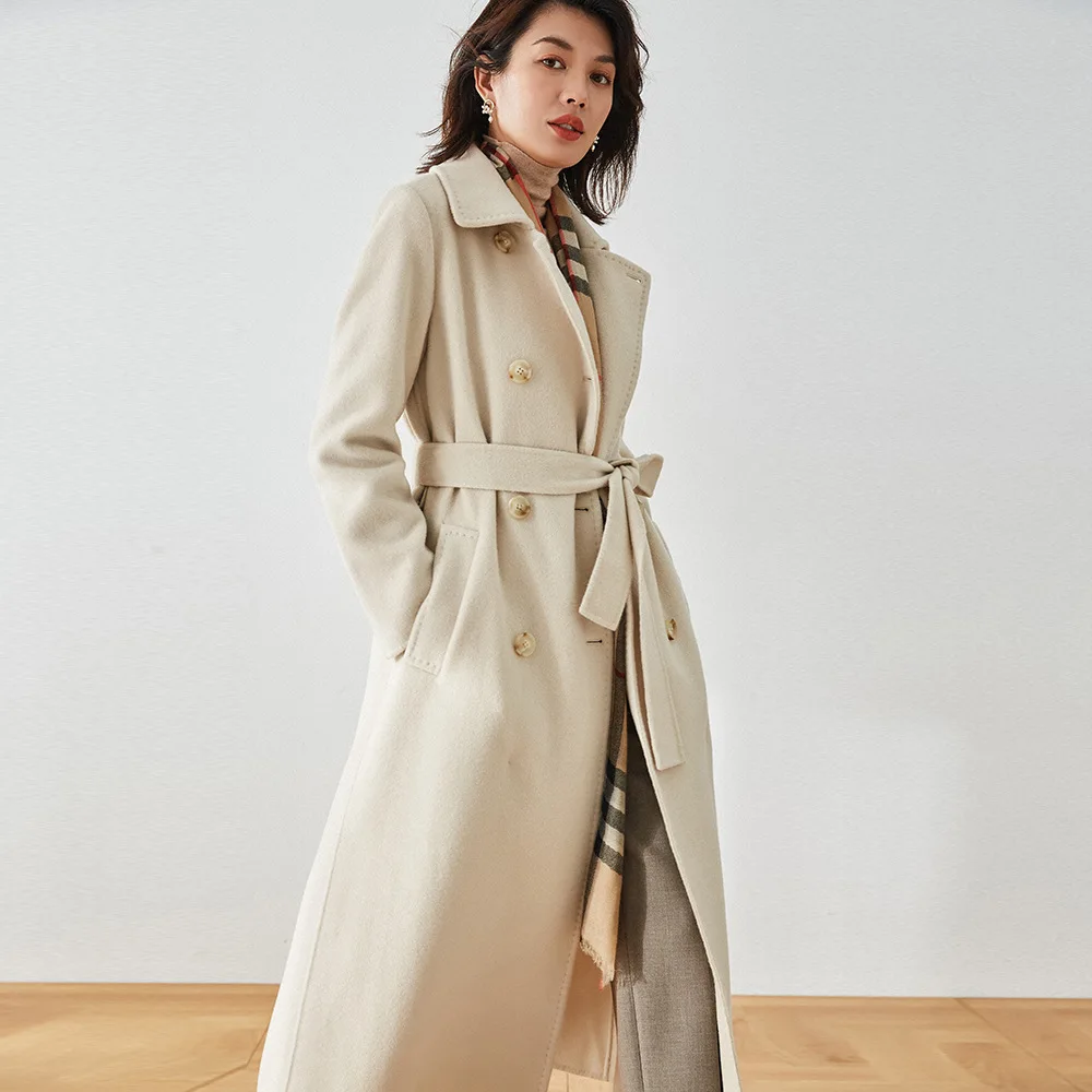 Beige Cashmere Coat Women's Winter Straight Tube Long Wool Coat Temperament Lace Up Double Row Buckle Autumn Casual Black Coat