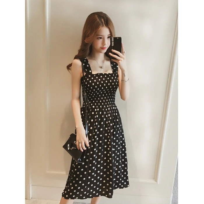 Summer 2023 Korean Sle Polka Dot ter Ne Midi Dr Women's Fre Sle Student Bubble Svel Skirt A-Line H-ape