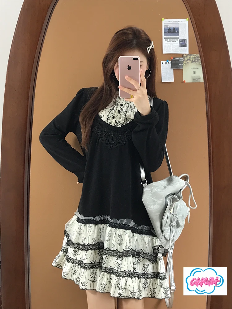 

Japanese Floral Lace Splicing Long-sleeved Dress Womens Autumn and Winter 2025 New Niche Design Slim and Thin Cake Short Skirt