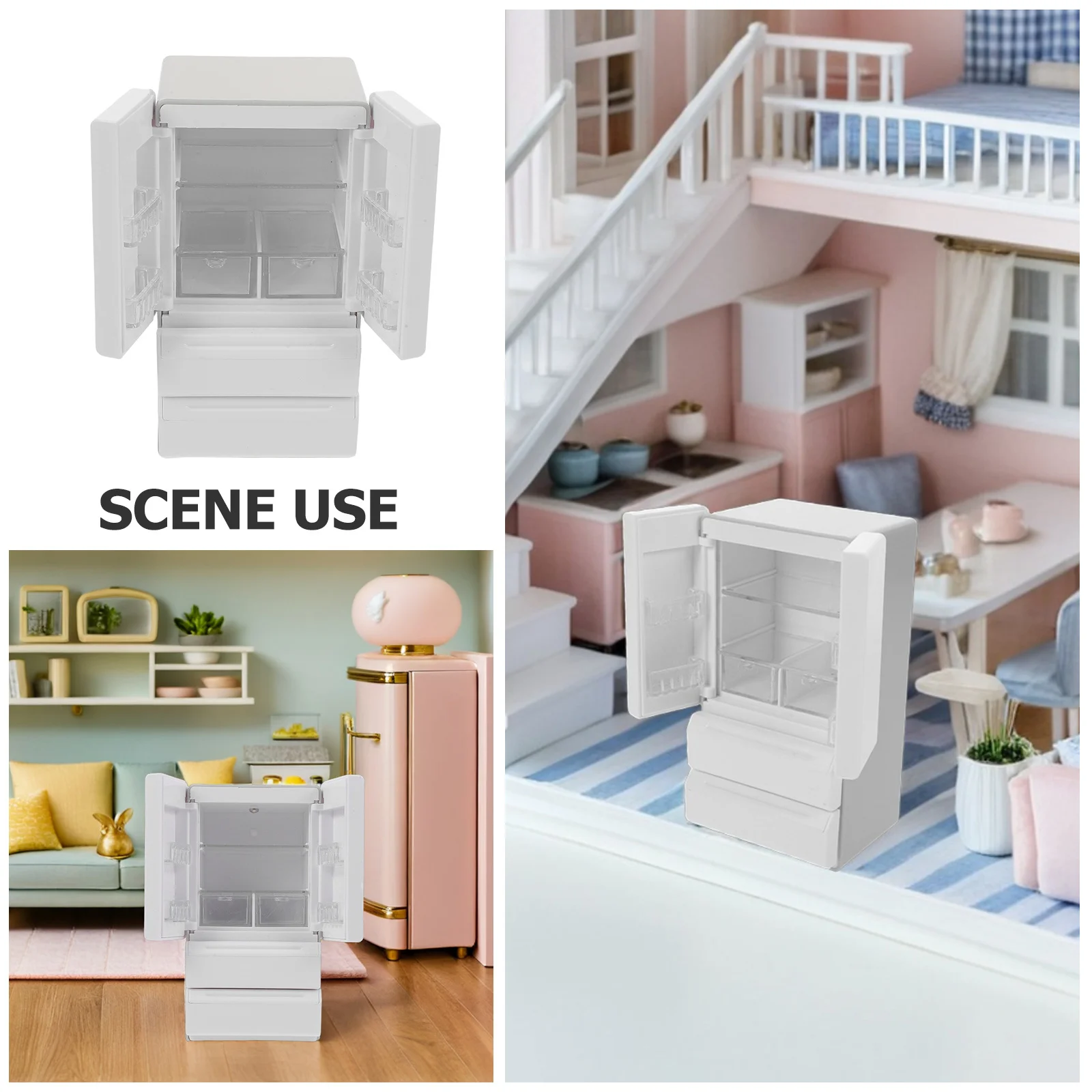 Geladeira em miniatura branca com design realista leve para decoração de casa de bonecas, acessórios de cozinha, cena de jogo essencial