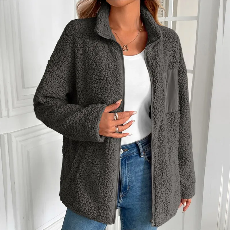 Giacca da donna in pile di agnello tinta unita autunno inverno da donna con giunture larghe cerniera casual con giacca tascabile tira Femmes