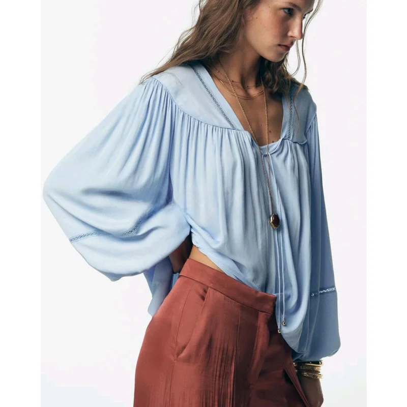 

V-Ne Long Sve Вертикальная кружевная блузка с высокой талией Свободные длинные брюки Комплект женских повседневных осенних модных ансамблей