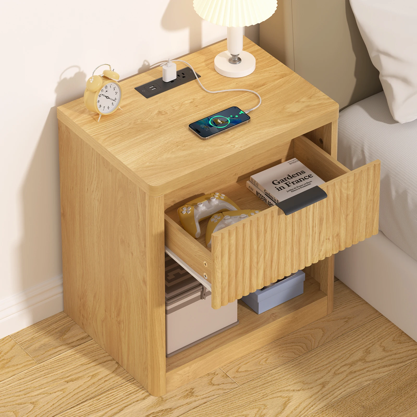 

22'' Fluted Nightstand with Charging Station, Modern Bedside Table, End Table with 1 Drawer & Open Compartment for Bedroom