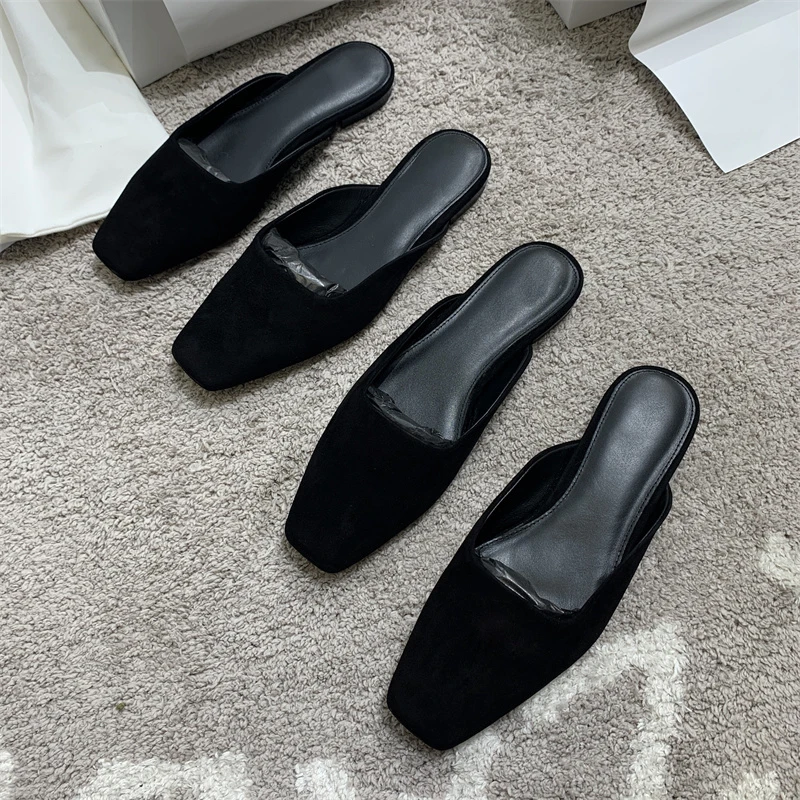 2022 Spring and Summer New Ladies Slides Classic Black Shoes Fashion Square Flat Slippers Strap Sandals Women