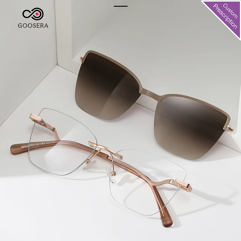 Unique Geometric Cat Eye Magnetic Clip Polarized Sunglasses Women Rimless Anti Blue Light Progressive Prescription Glasses