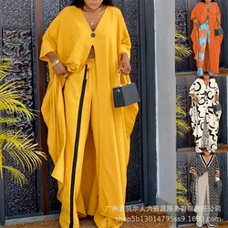 Long Sleeve Slit Longline Top Contrast Paneled Pants Two Piece Set Women Autumn Loose Casual Solid Color V Neck Clothes Suit