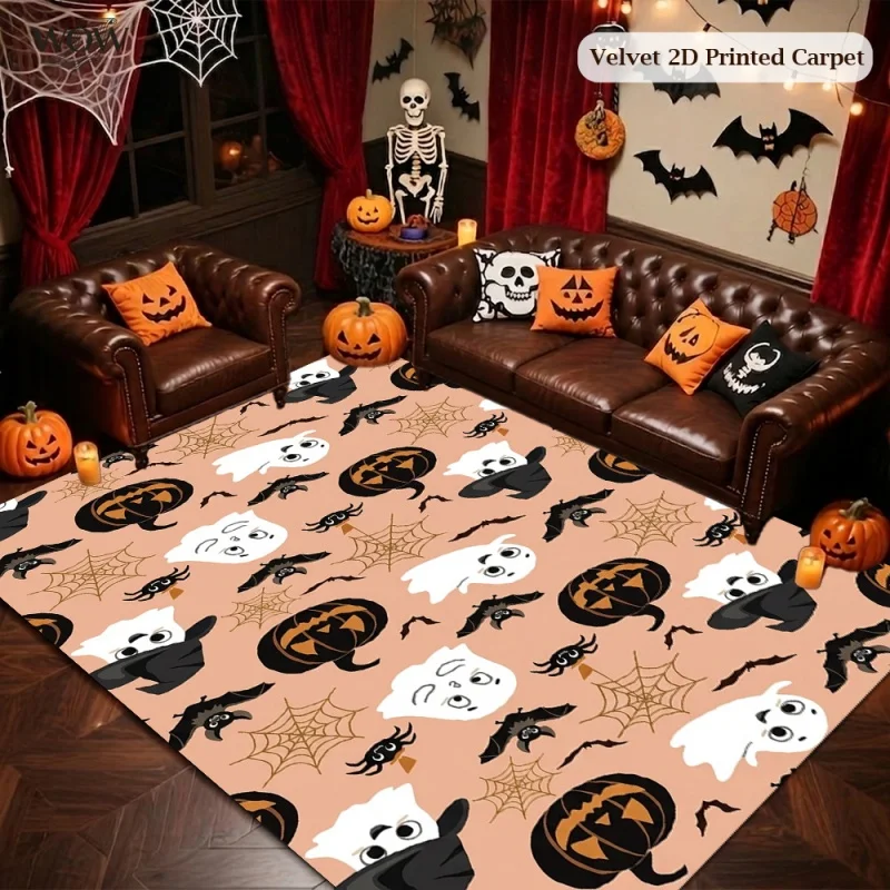 Light Orange Background Ghost Bat Pumpkin Spider Web Halloween Area Rug Non Slip Soft Velvet Large Floor Mat For Home Decor