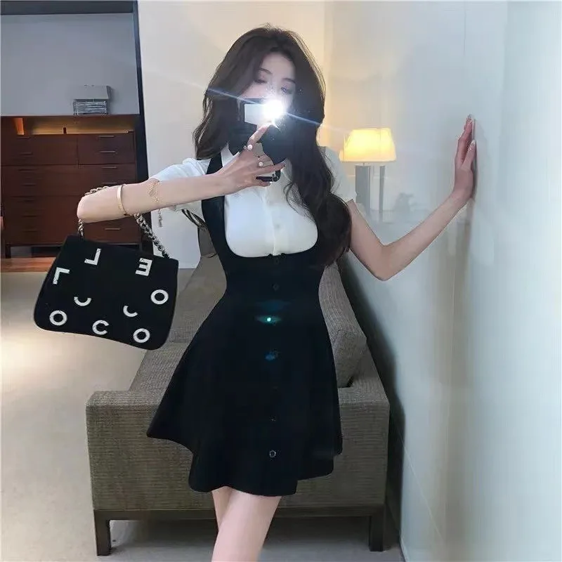 Sexy Polo Collar Fake Two Piece Dress Short Sleeve Button Shirt Dress Bodycon Dresses Y2k Summer Korean Preppy Street Wear 원피스