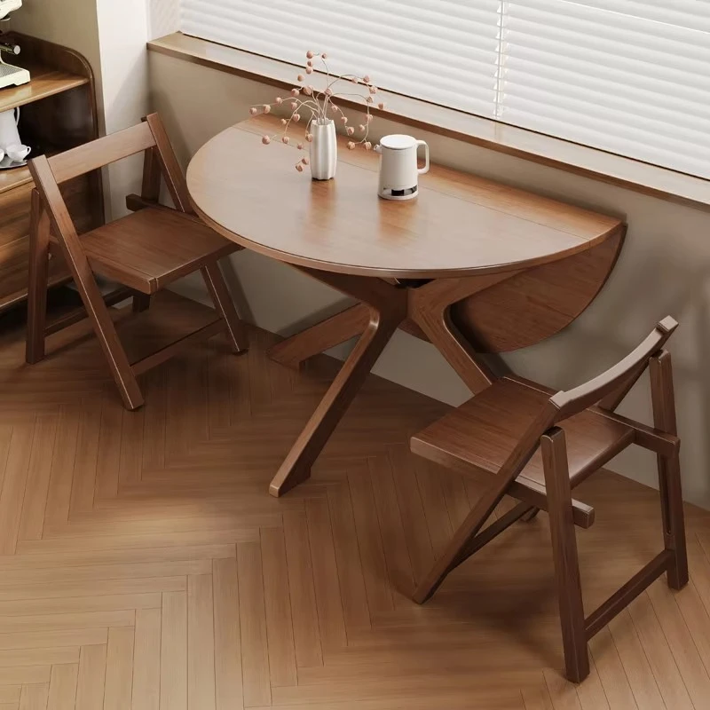 Solid wood folding dining table, round retractable dining table set