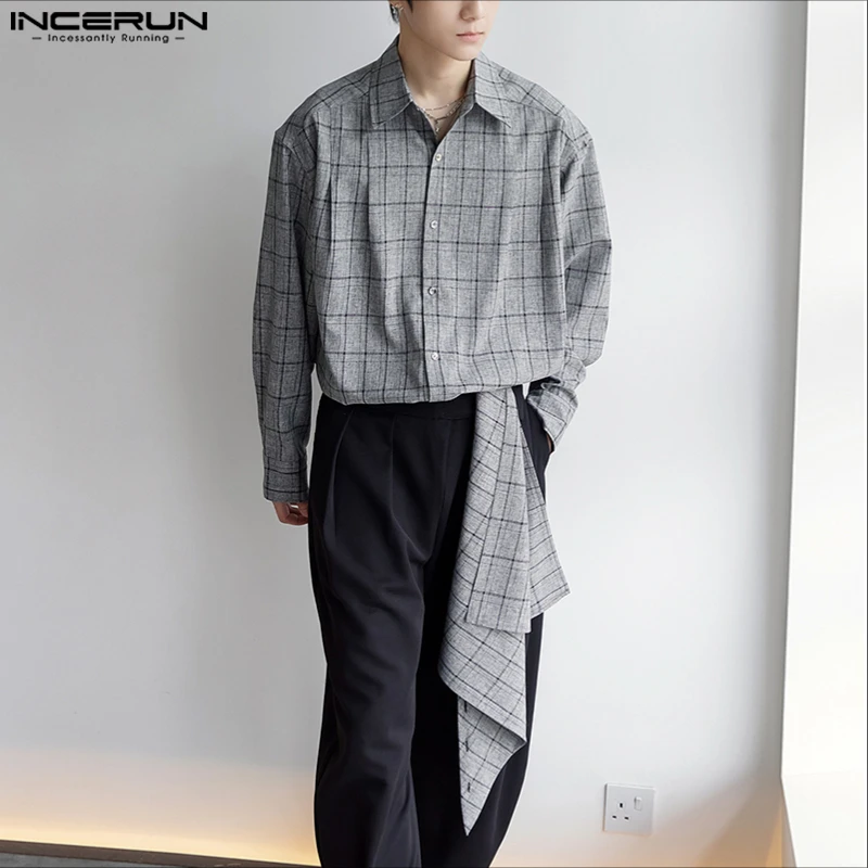 INCERUN الرجال منقوشة قميص وشاح كم طويل فضفاض ملابس الرجال غير رسمية الشارع الشهير الكورية نمط موضة غير النظامية قمصان الرجال بلايز