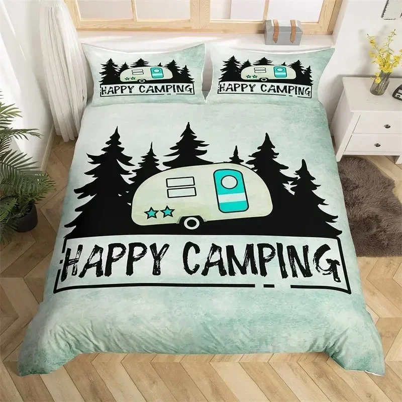 Happy Camping Duvet Cover Queen Cartoon Caravan Camping Bedding Set Farmhouse Style 3D Camper Comforter Cover With Pillowcases02
