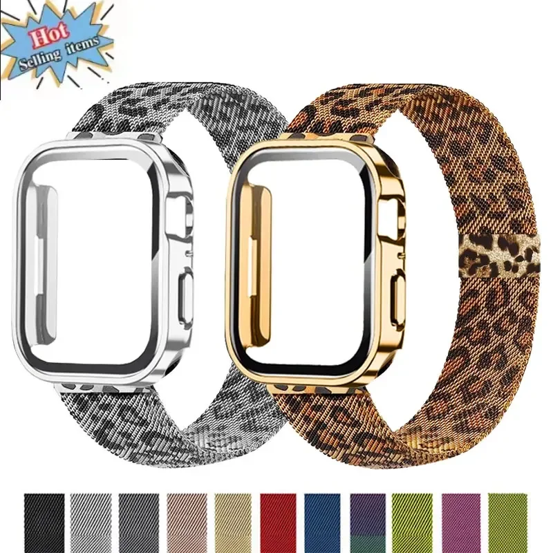 Milanese Loop Strap For Apple Watch Band+Case 44mm 40mm 41 45mm Gold Silver Leopard Bracelet iWatch 9 8 7 6 5 4 3 SE Ultra 49mm