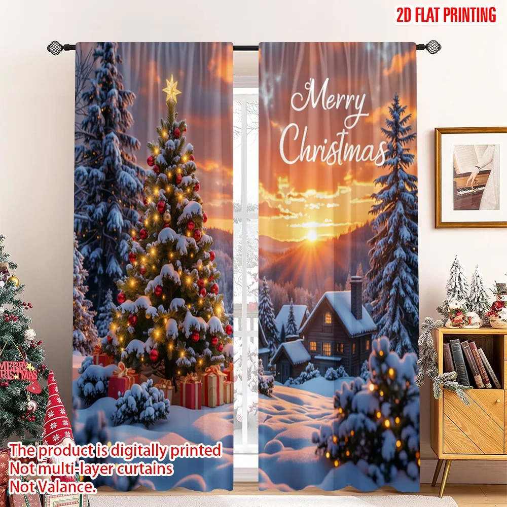 

2pcs 2D flat printing Merry Christmas Popular Curtain Merry Christmas Village Scene Polyester Without Electricity Festive