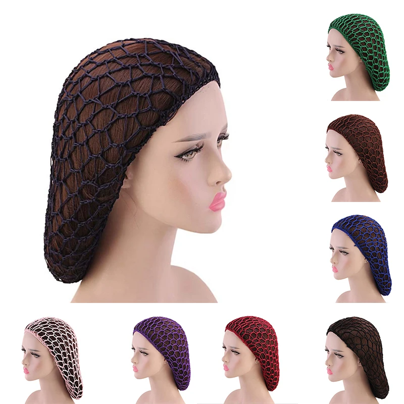 Womens Mesh Hair Net Crochet Cap Solid Color Snood Sleeping Night Cover Turban