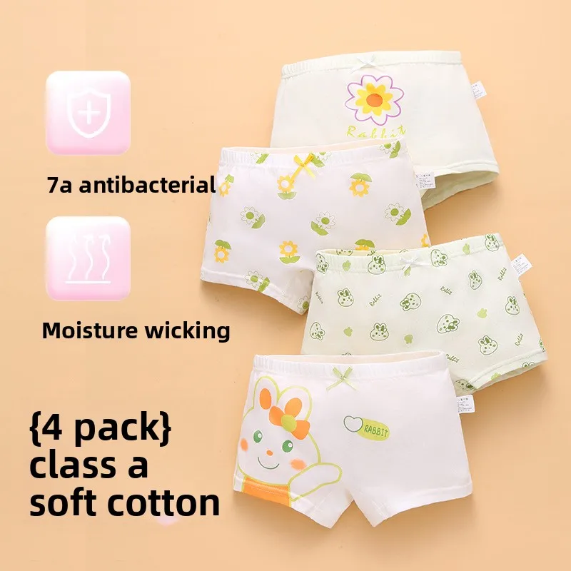 4 Pack 7A Antibacterial Girls Cotton Boxer Briefs Cartoon Printed Breathable Big Kids Underwear No Riding Up No Chafing