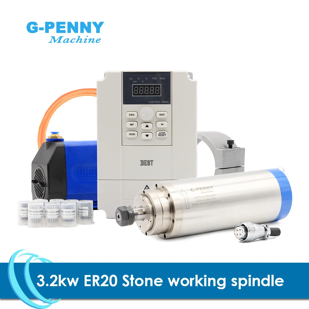 

G-Penny 3.2kw Water Cooled Spindle Kit Stone Working Water Rejection 4 pcs Ceramic Ball Bearings 0.01mm & VFD & Bracket Pump &