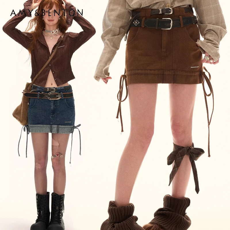 

Vintage Design Double Waistband Women's Denim Skirt 2025 Autumn Winter New Slimming Blue Elegant Versatile Short Skirts Ladies