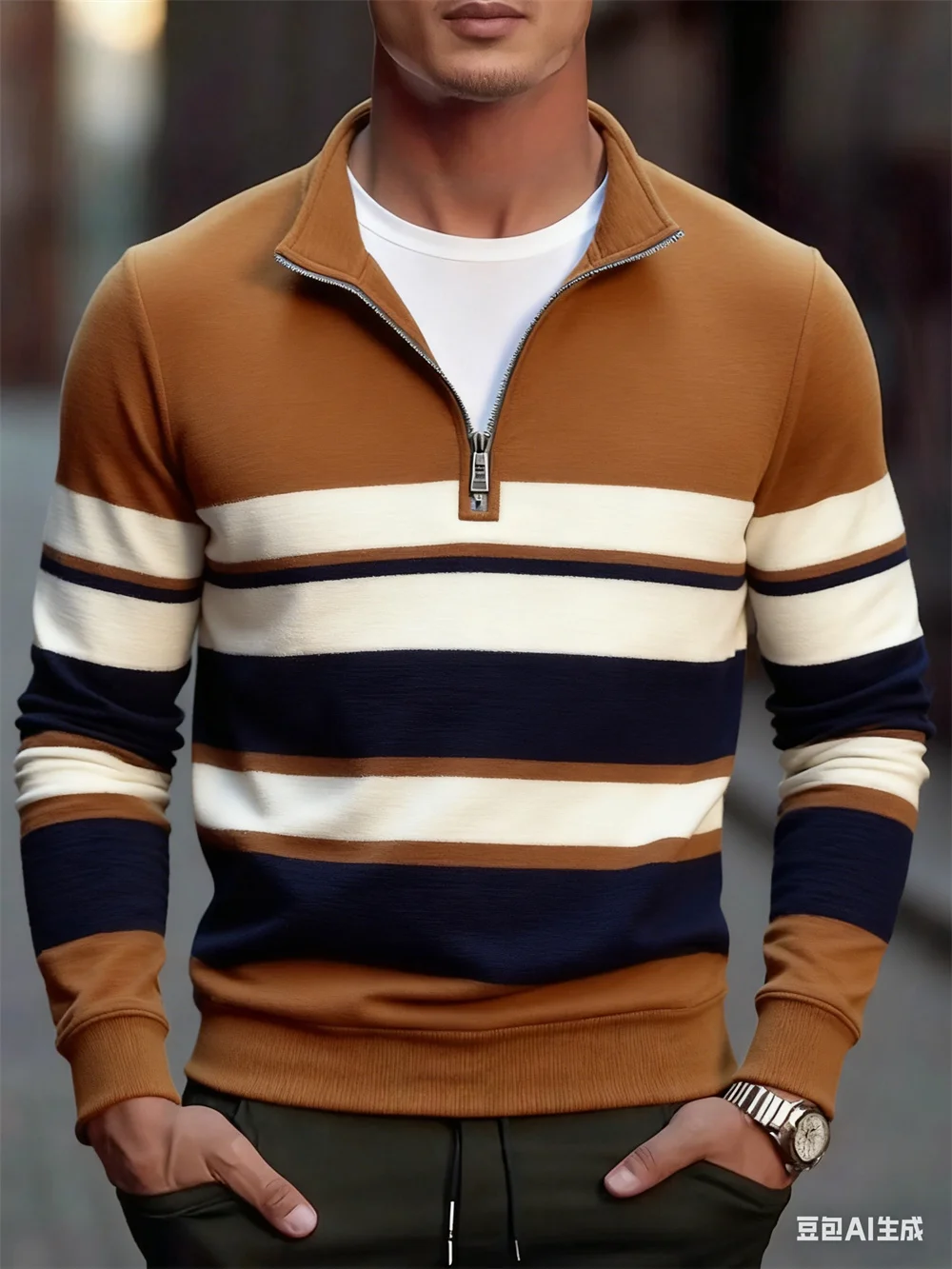 

Autumn Winter Simple Vintage Stripe Zipper Sweatshirt Men's Fashion Casual Long Sleeve Pullover Urban Street Business Style Tops