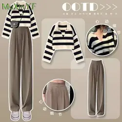 Women's Spring Autumn Sportswear Set 2023 New Fashion V-neck Striped Knit Shirt+Wide Leg Pants Two Piece Korean Chic Tracksuit