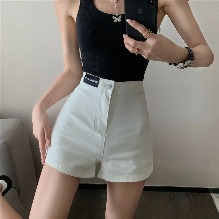 orts Jeans F Retrô de Cintura Alta, Estilo Coreano, Fino, Aodão Elástico, Ajuste Justo, Tendência Verão
