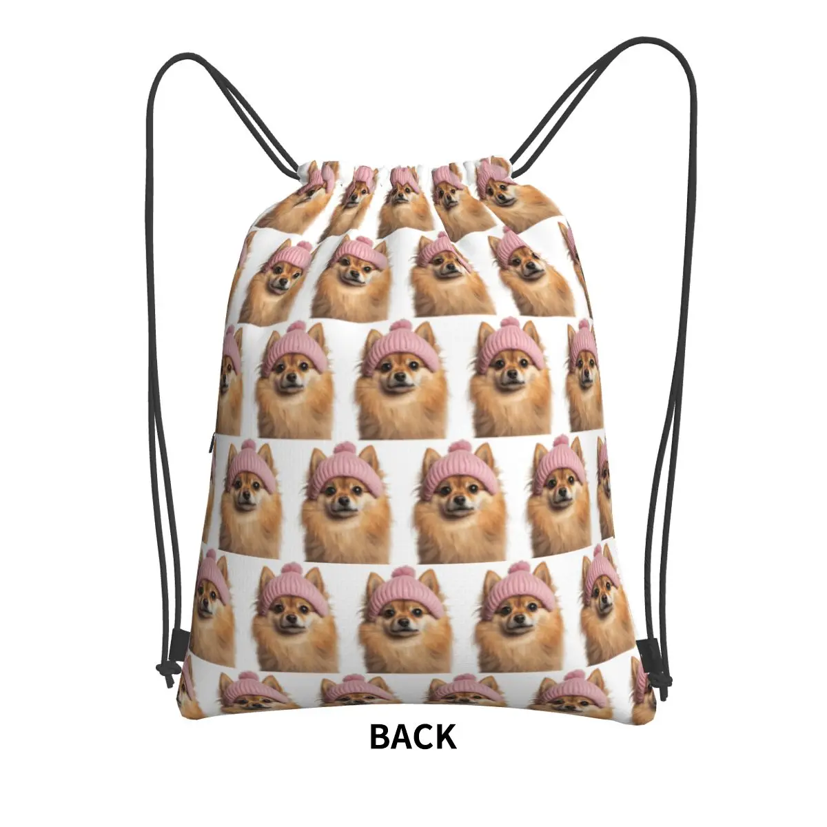 Cozy Pomeranian Dog Wearing Pink Winter Hat Trendy Animal Backpacks Casual Drawstring Bundle Pocket Shoes Bag Book Bags School
