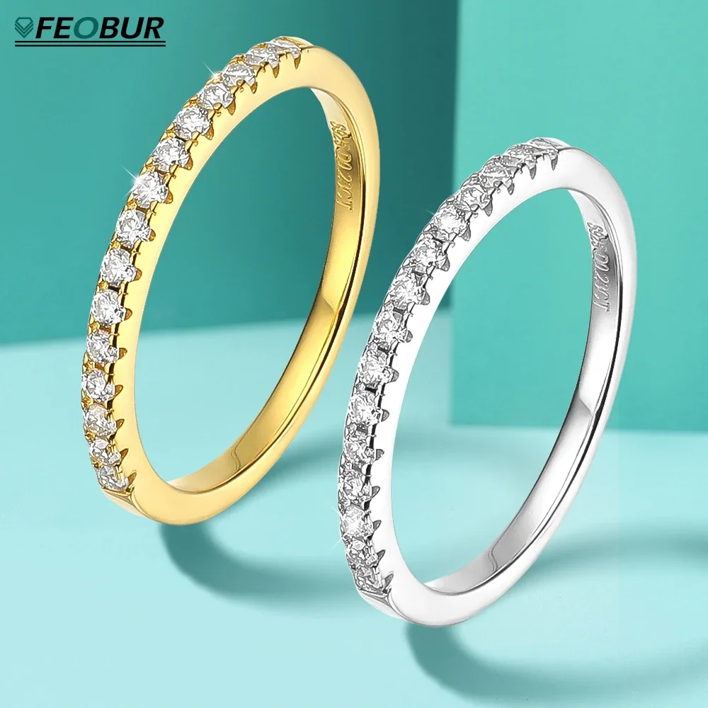 FEOBUR 1.5mm Full Diamond Moissanite Ring S925 Sterling Silver for Women Stackable Half Eternity Band Wedding Engagement Rings