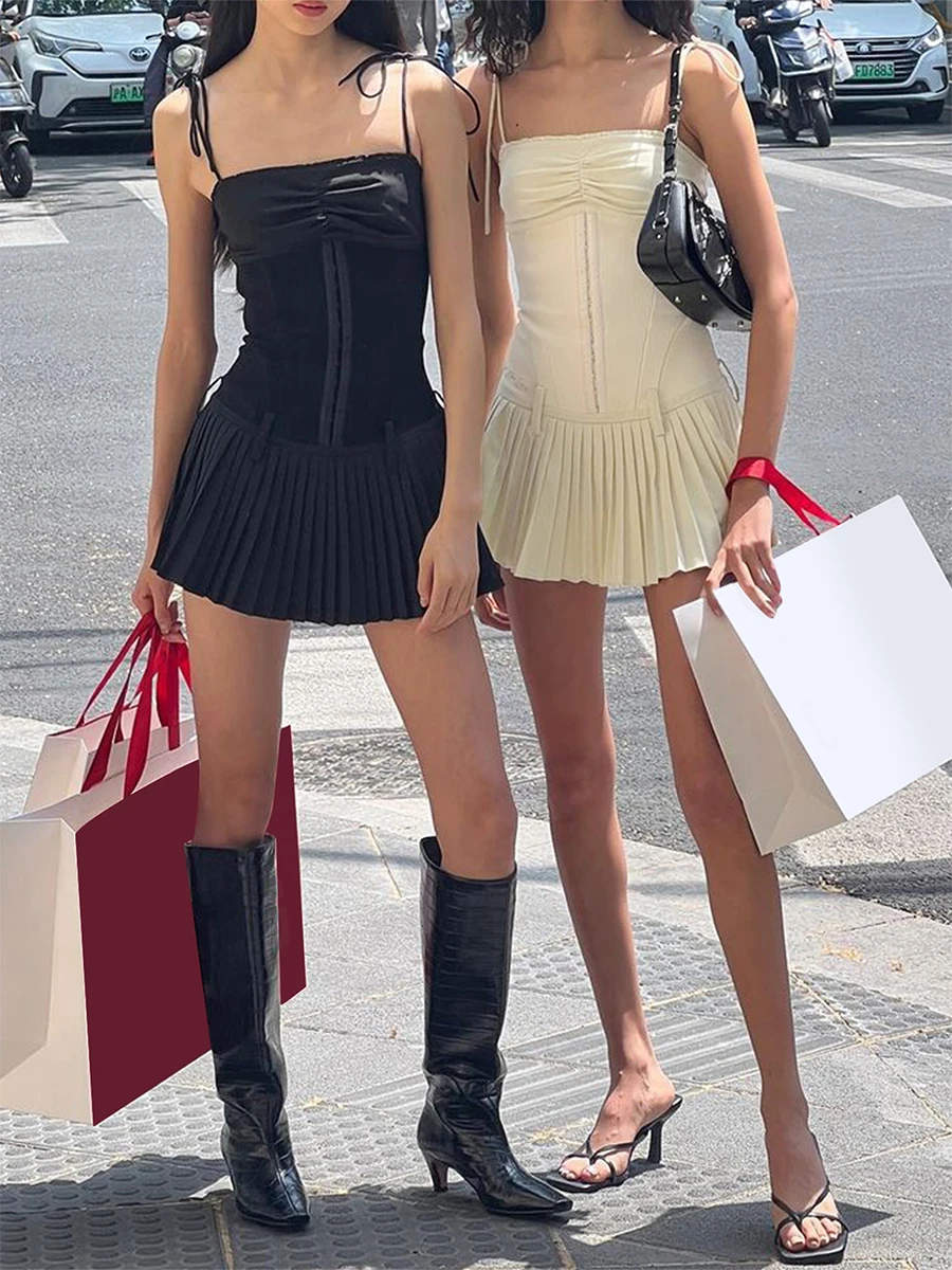 Women Spaghetti Strap Short Dress Evening Party Summer Clothes Sleeveless Low Waist Pleated Tight Fitted Dress Sexy Club