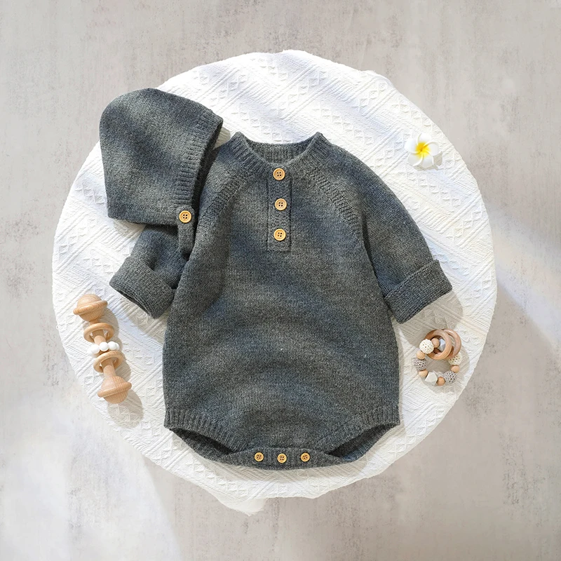 

Knitted Baby Bodysuits Long Sleeve Newborn Girls Boys Jumpsuit Outfits 0-3Y Solid Infant Kid Clothing Hat 2PC Overalls Playsuit