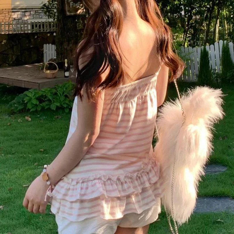 

Сказочные милые топы на бретелях, женская одежда Y2K, винтажные полосатые футболки без рукавов, модные летние майки с оборками, облегающие Ropa Mujer