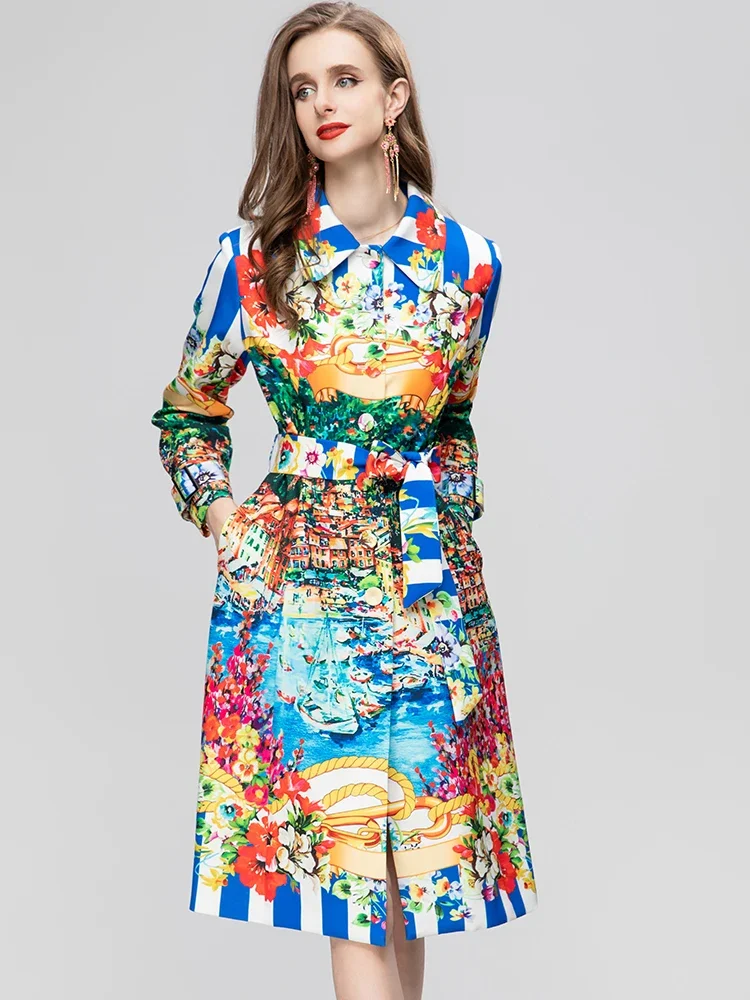 

ZOZO Summer Fashion Designer Vintage Casual Print Dress Women Lapel Long Sleeve Frenulum Gathered Waist High Slit Midi Dress