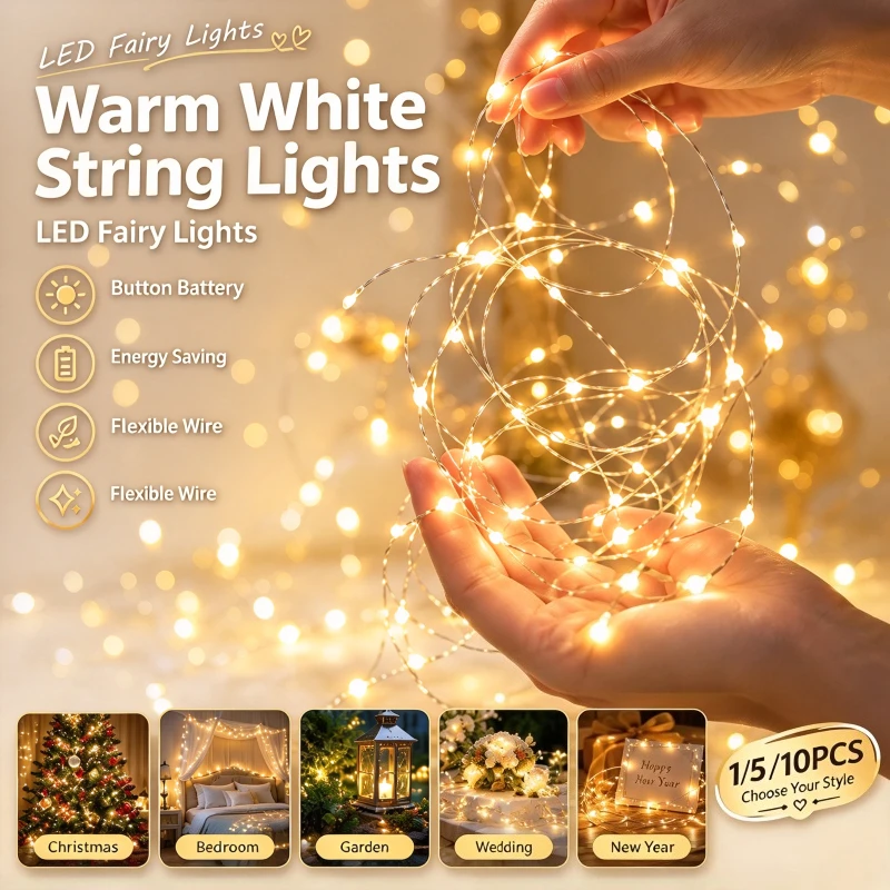Copper Wire Fairy String Lights Button Battery Christmas Gift Cozy Night Ambience Lighting Warm White Colorful Glow Lamp
