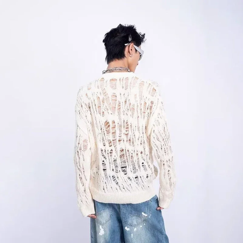 Vintage Ripped Hollow Out Mesh Knit Sweater Male Autumn Streetwear Fashion Crew Neck Long Sleeve Knitted T Shirt Men’s Clothing
