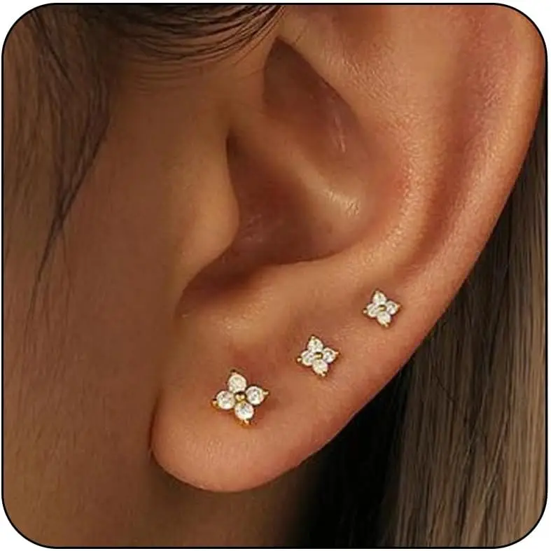 

3 Pairs 14K Gold Plated Stud Earrings for Women, Dainty 925 Sterling Silver, Trendy Cute Stacks Jewelry