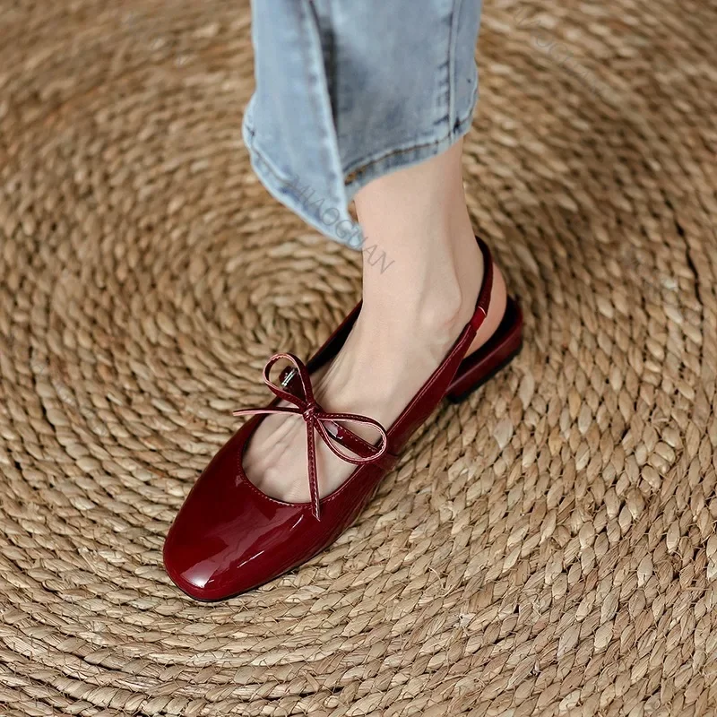 

Bowknot Baotou Patent Leather Sandals Women New Summer French Retro Chunky Low Heel Sandales Femme Red Mary Jane Women's Shoes