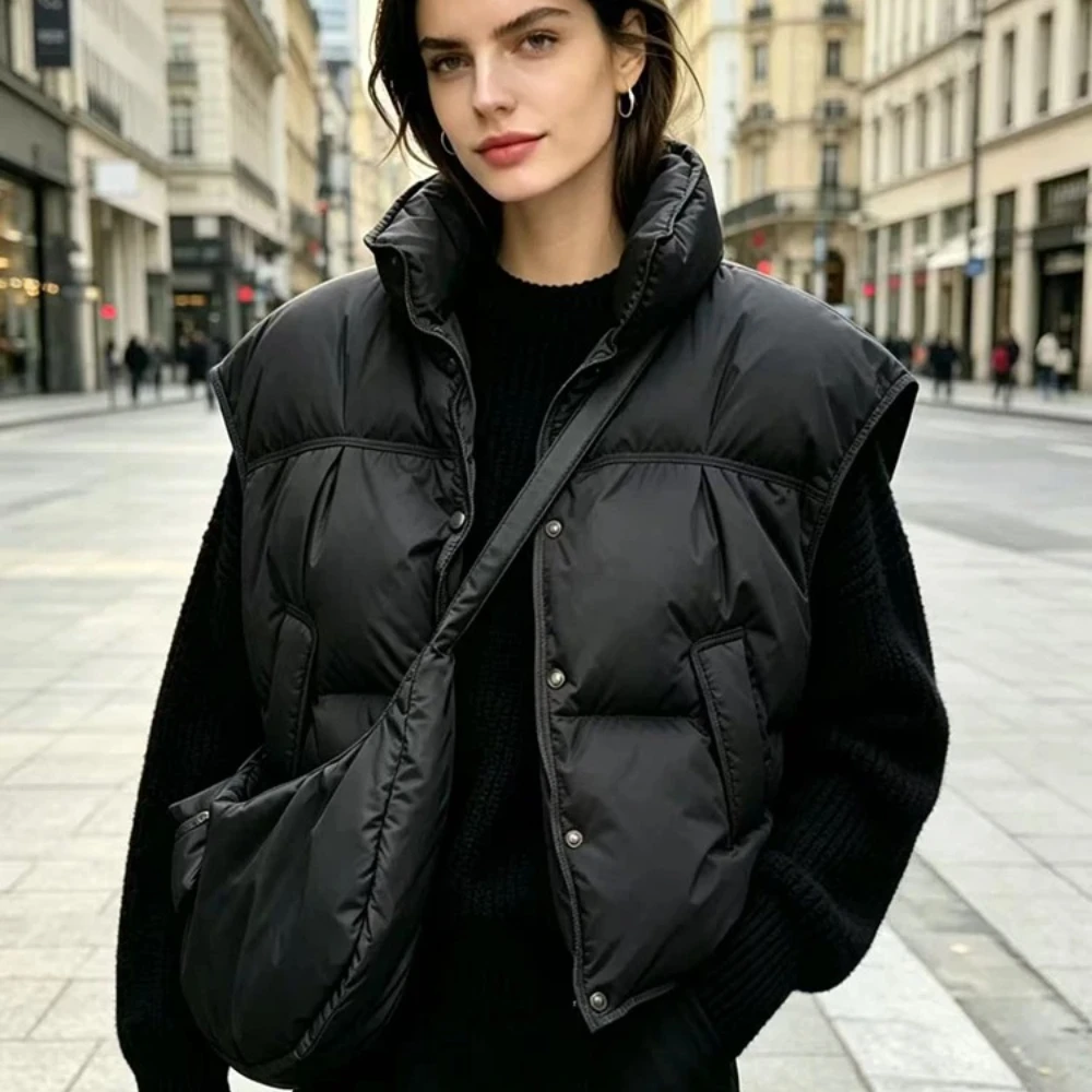 Women Loose Stand Collar White Duck Down Puffer Vest with Bag Winter Quilted Sleeveless Down Waistcoat Casual Warm Outerwear
