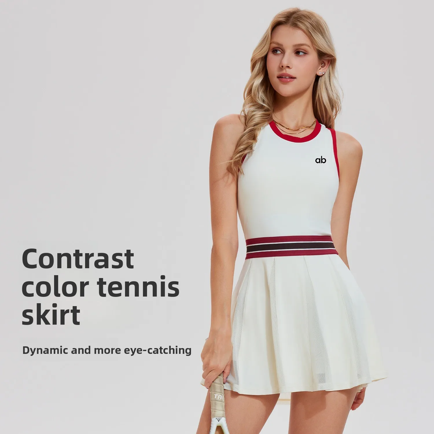 Women Hollow Out Back Tennis Dresses Sleeveless Slim Waist Mesh Spliced Sports Dress Golf Badminton Yoga Athletic Wear