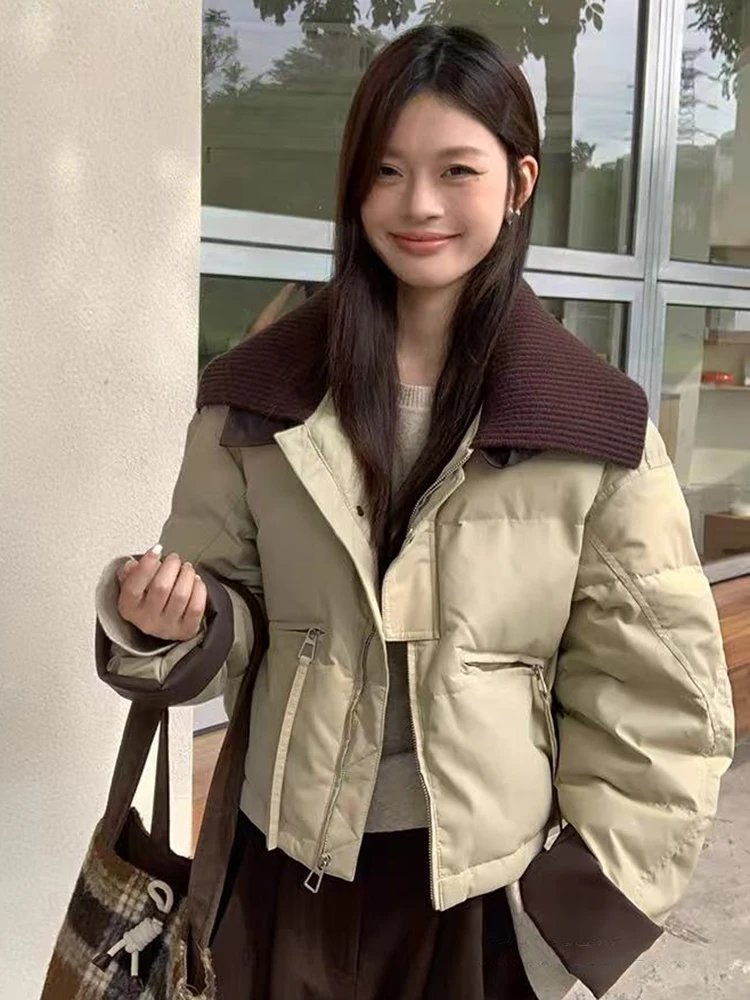 Fashion Lapel Short Parka Women Y2K Winter Warm Fluffy All Match Down Cotton Jacket Korean Streetwear Loose Patchwork Outerwear