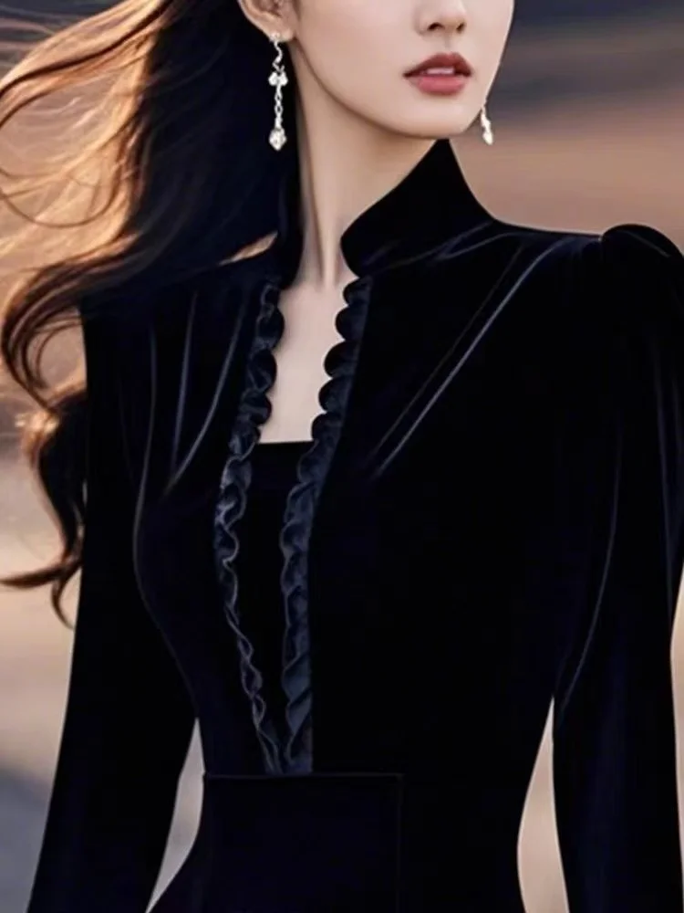 Französisches Hepburn Elegantes Samtkleid Frühling Herbst Neu Hochgeschnittenes Langarm A-Linien-Kleid Modische Schöne Damenkleidung