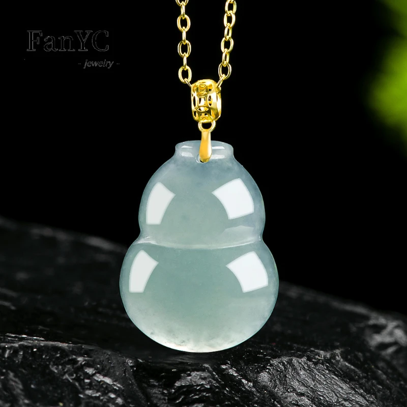 Myanmar A-goods Jadeite Blue Water Gourd Pendant 18K Gold Inlaid Exquisite Fashion Ice Jade Necklace Men and Women Holiday Gift